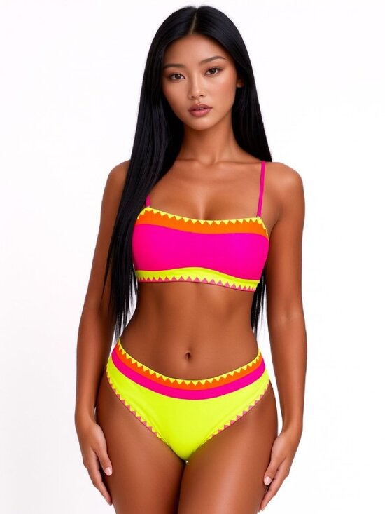 Other - 🆕Small Neon Pink Color Block Bandeau Strapless Whip Stitch Bikini NWOT